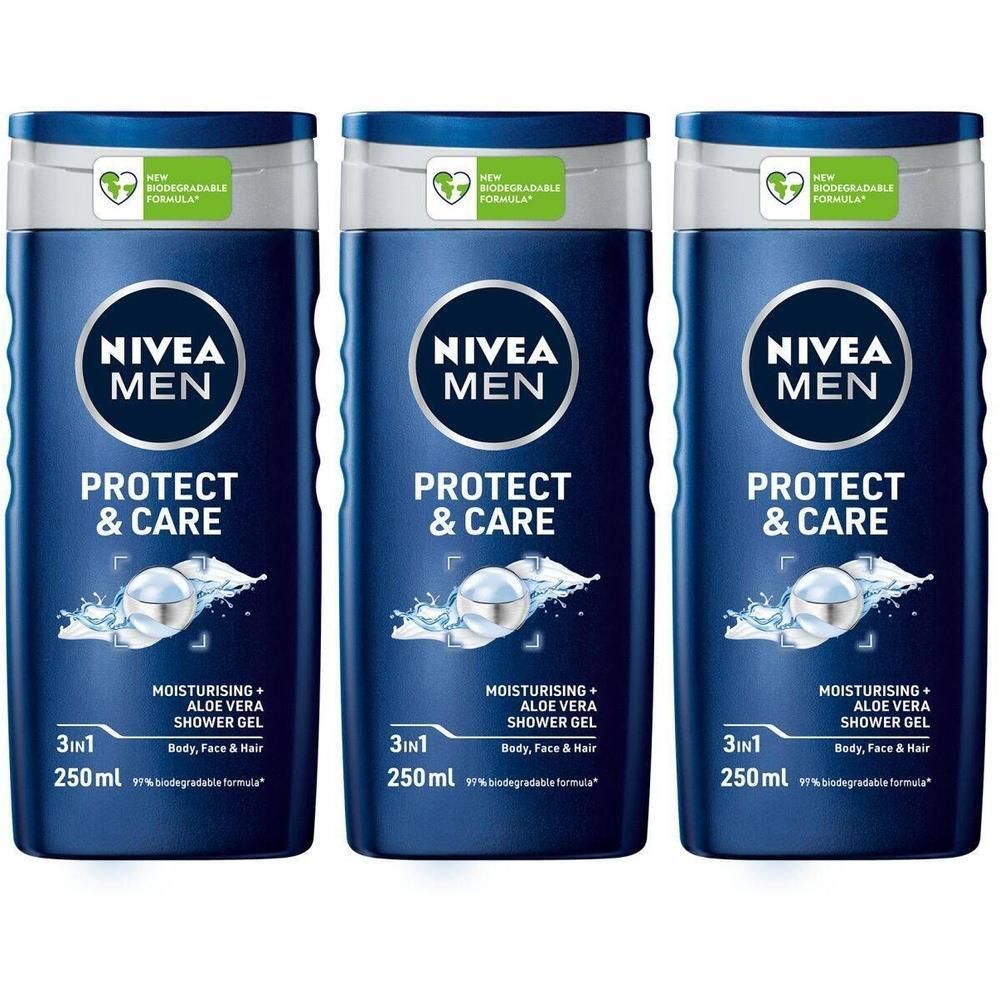 Trois flacons bleus de gel douche. Inscription : NIVEA MEN, PROTECT & CARE, 3 en 1, 250 ml. Contient de l'aloe vera. Logo vert pour formule biodégradable.