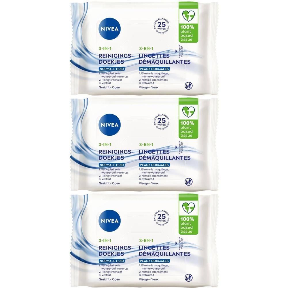 Drie pakjes NIVEA reinigingsdoekjes. Opschrift: 3-in-1, 25 doekjes, voor normale huid. Logo en certificering plant-based tissue.