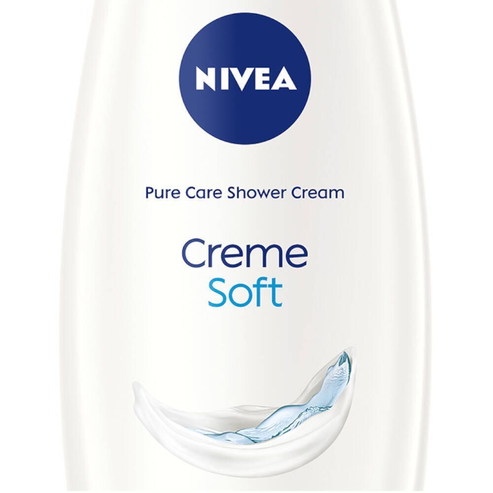 Close-up van een witte Nivea Creme Soft Crème de Douche fles. Blauw logo en tekst. Franse tekst: Pure Care Shower Cream, creme soft.