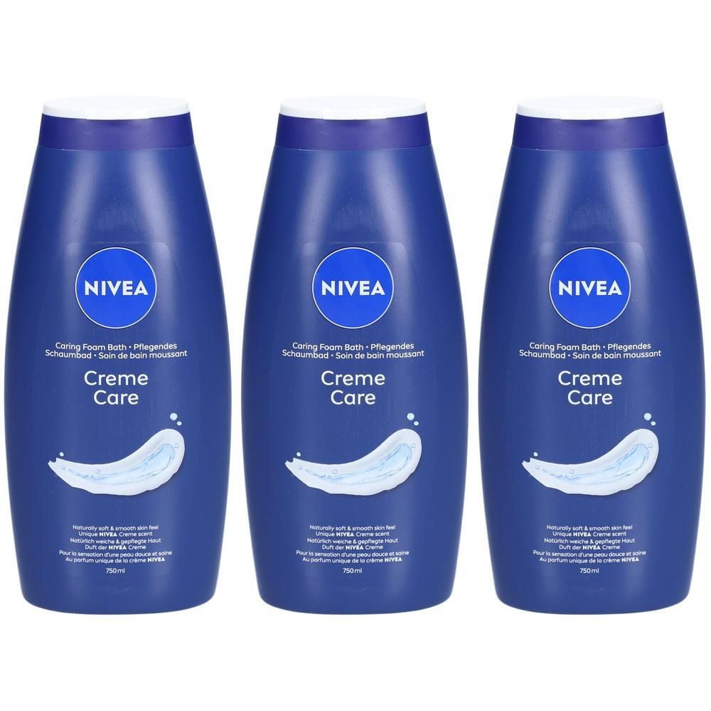 Drie blauwe flessen Nivea Crème Care Crème de Bain. Elke fles heeft een witte dop en het Nivea-logo. Tekst: Crème Care.