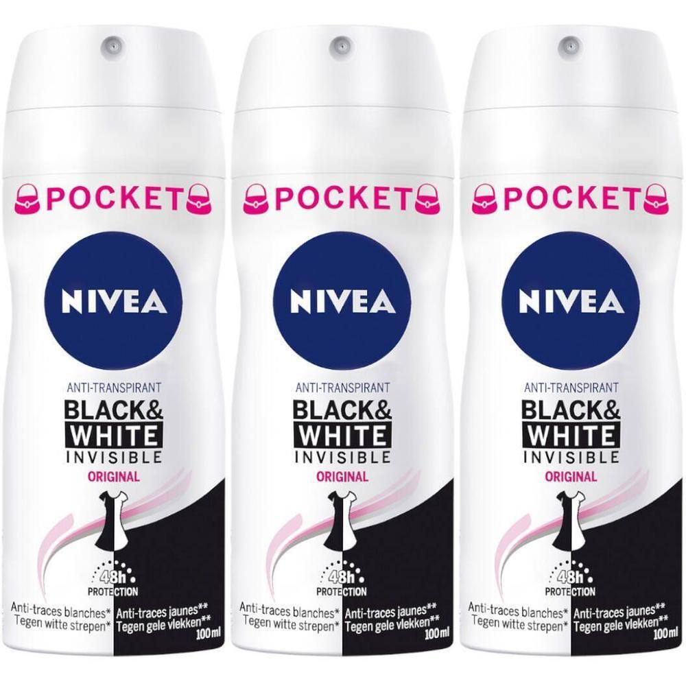 Drie witte Nivea Pocket deodorant sprays. Zwarte en witte tekst, blauwe cirkels met logo. Roze accenten.