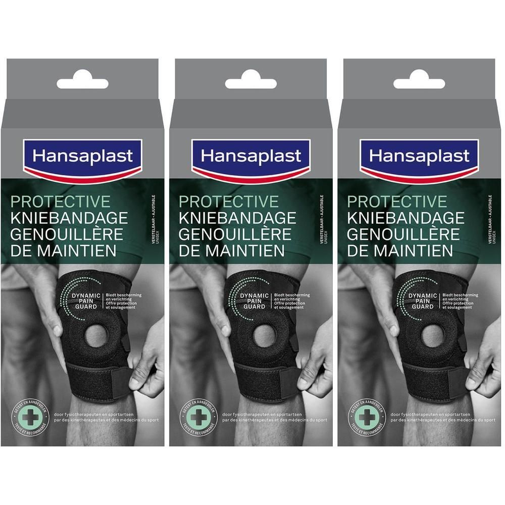 Drie verpakkingen Hansaplast kniebandage. Zwarte bandage afgebeeld op een knie. Verpakking met productnaam en logo.