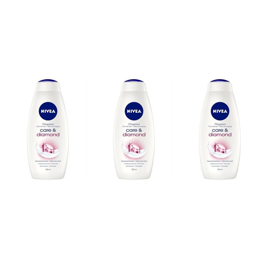 Trois flacons blancs avec bouchon bleu. Inscription : Nivea, care & diamond. Illustration d'un diamant.