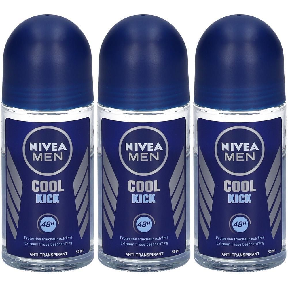 Drie roll-on deodorants met blauwe doppen. De etiketten tonen "NIVEA MEN COOL KICK 48H".