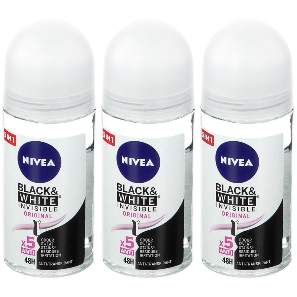 Drie roll-on deodorants. Witte dop, transparante fles. Opschrift: NIVEA, BLACK & WHITE INVISIBLE ORIGINAL. Anti-transpirant.
