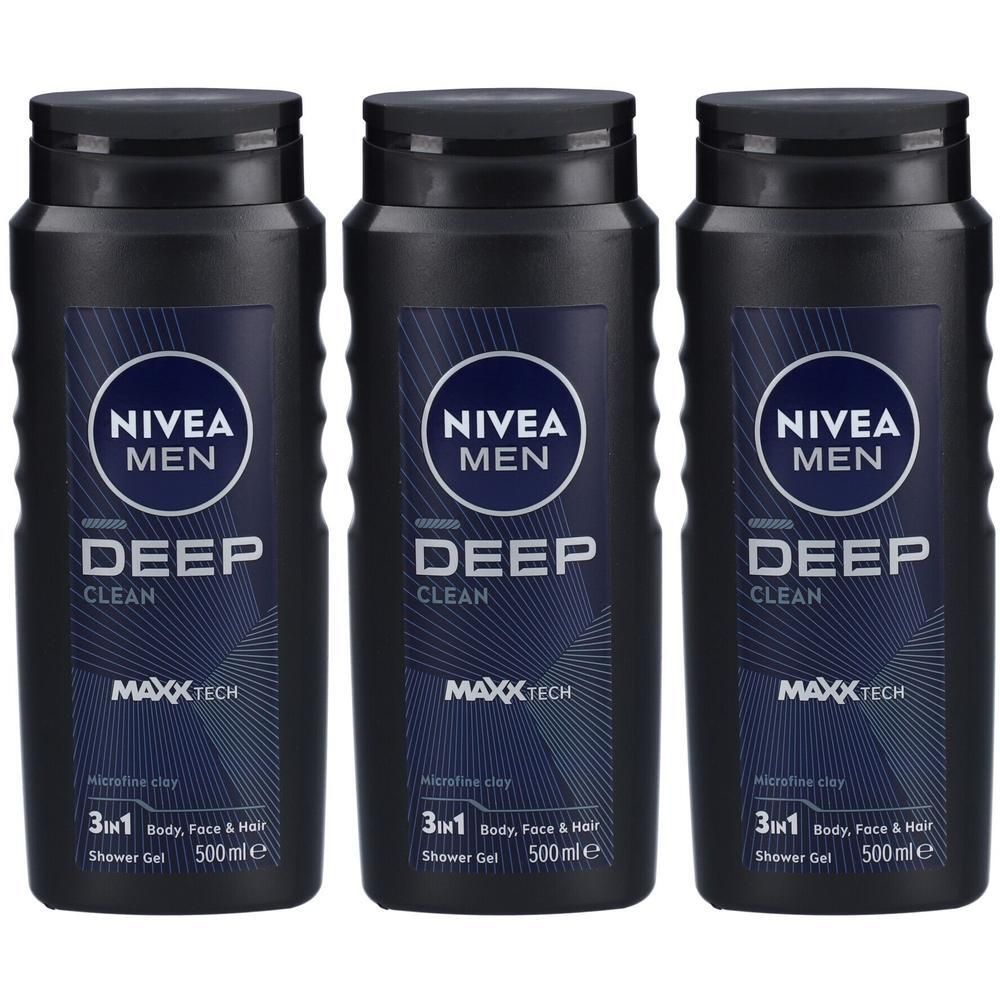 Trois flacons noirs de gel douche NIVEA MEN Deep Clean. Logos ronds avec texte blanc. Étiquettes bleues avec informations produit.