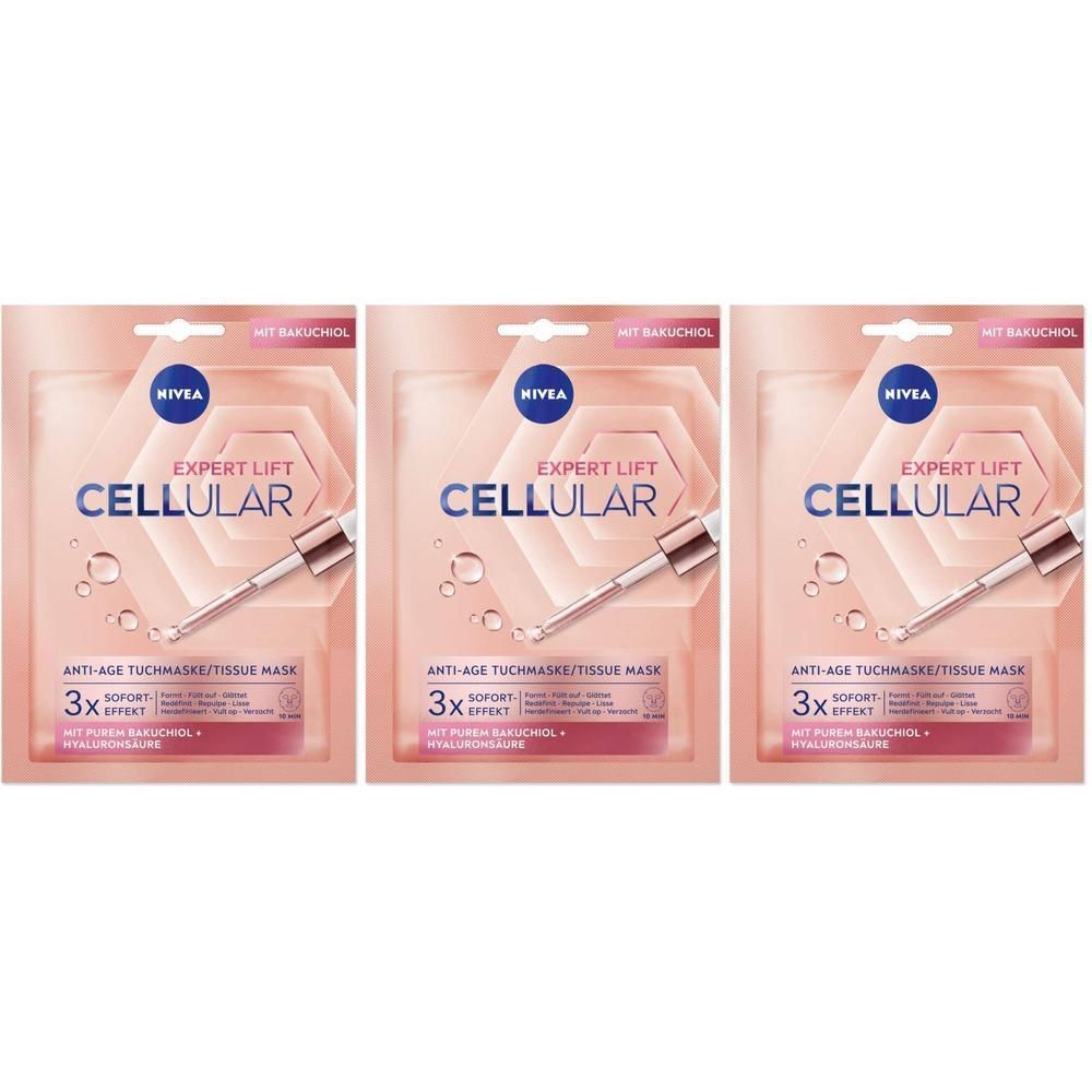 Drie verpakkingen Nivea Cellular Expert Lift tissue maskers. Roze verpakking met productnaam en logo. 3x effect.