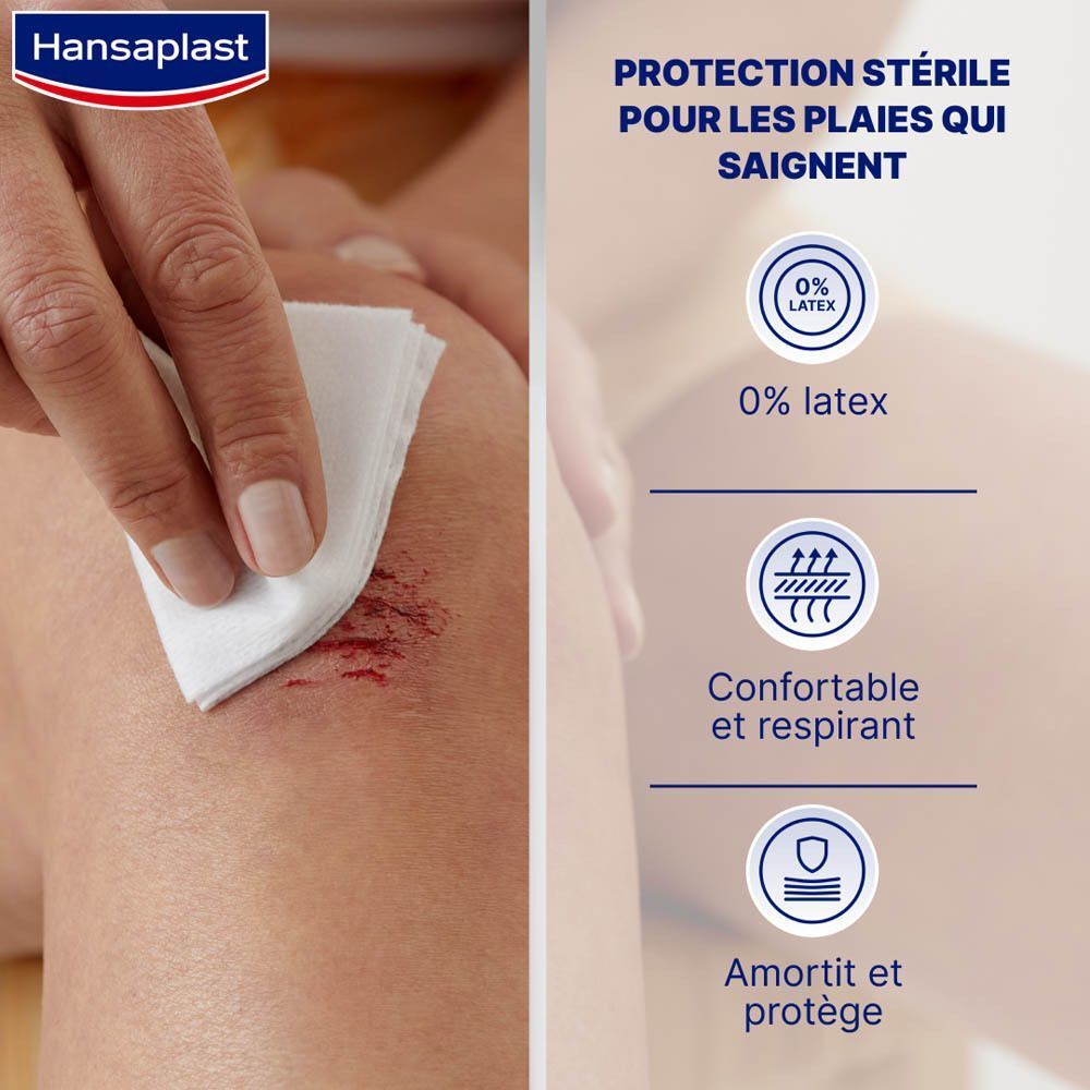 Genou avec plaie traitée avec une compresse. Texte: 0% latex, Confortable et respirant, Amortit et protège.