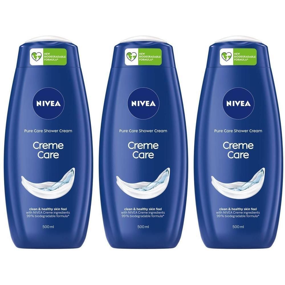 Drie blauwe douchecrèmeflessen met witte tekst. Opschrift: Nivea Creme Care, Pure Care Shower Cream. Groen-witte sticker.