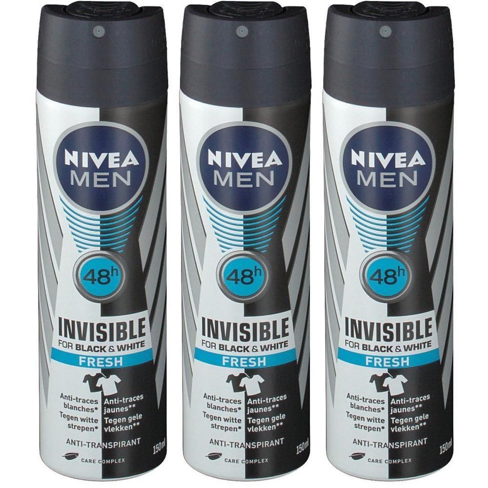 Trois sprays Nivea Men Invisible Black & White Fresh. Bouchon noir, design blanc et noir, touches de bleu. Texte: 48h, anti-transpirant.