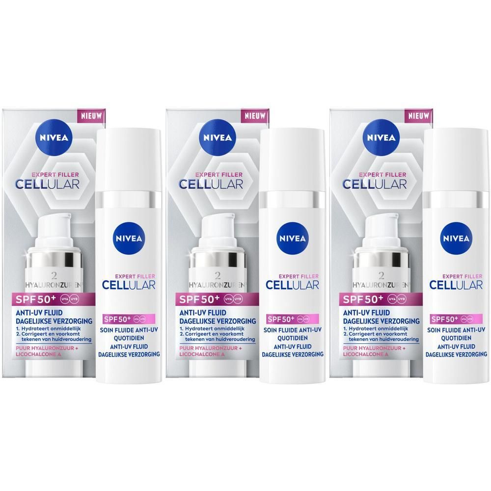 Drie flacons NIVEA Expert Filler Cellular Anti-UV Fluid SPF50+ met verpakking. Witte flacons met zilveren pompen en blauwe logo's.
