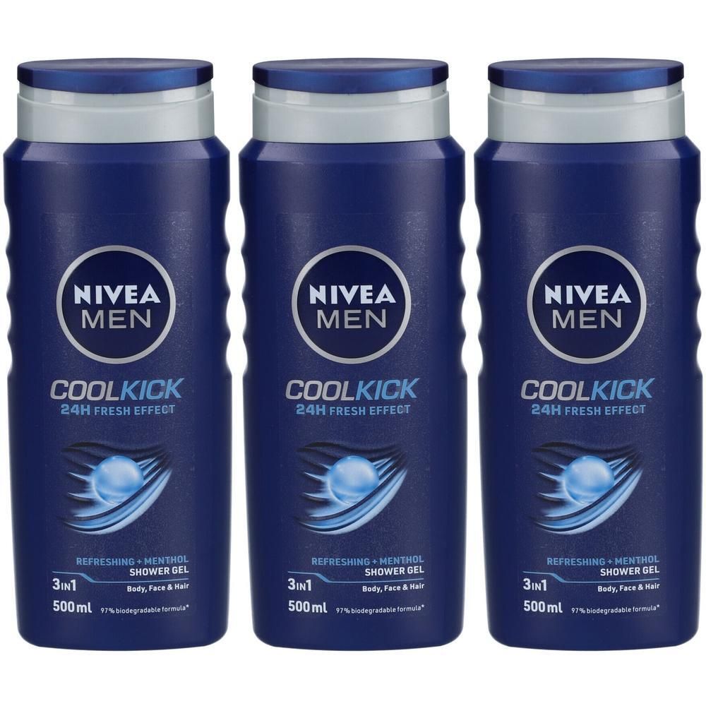Drie blauwe douchegelflessen. Elke fles heeft "NIVEA MEN COOL KICK". Tekst: "24H FRESH EFFECT", "3in1", "500ml".