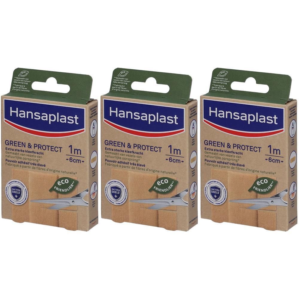 Trois boîtes Hansaplast Green & Protect. Inscription : 1 m x 6 cm. Avec logo Eco-Friendly.