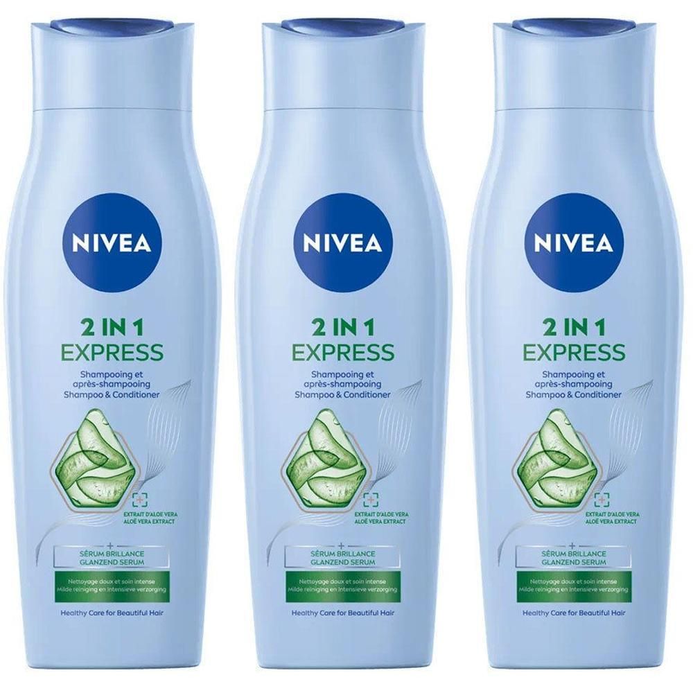 Drie flessen Nivea 2-in-1 Express shampoo. Lichtblauwe flessen met blauwe dop en logo. Illustratie van aloë vera-extract.