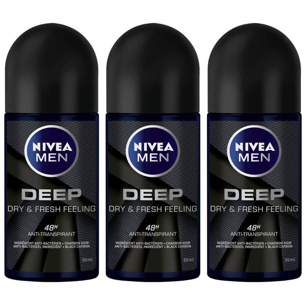 Trois déodorants roll-on Nivea Men Deep. Bouchon noir, flacon bleu foncé avec logo blanc. Texte : Deep, Dry & Fresh Feeling, 48H Anti-Transpirant.