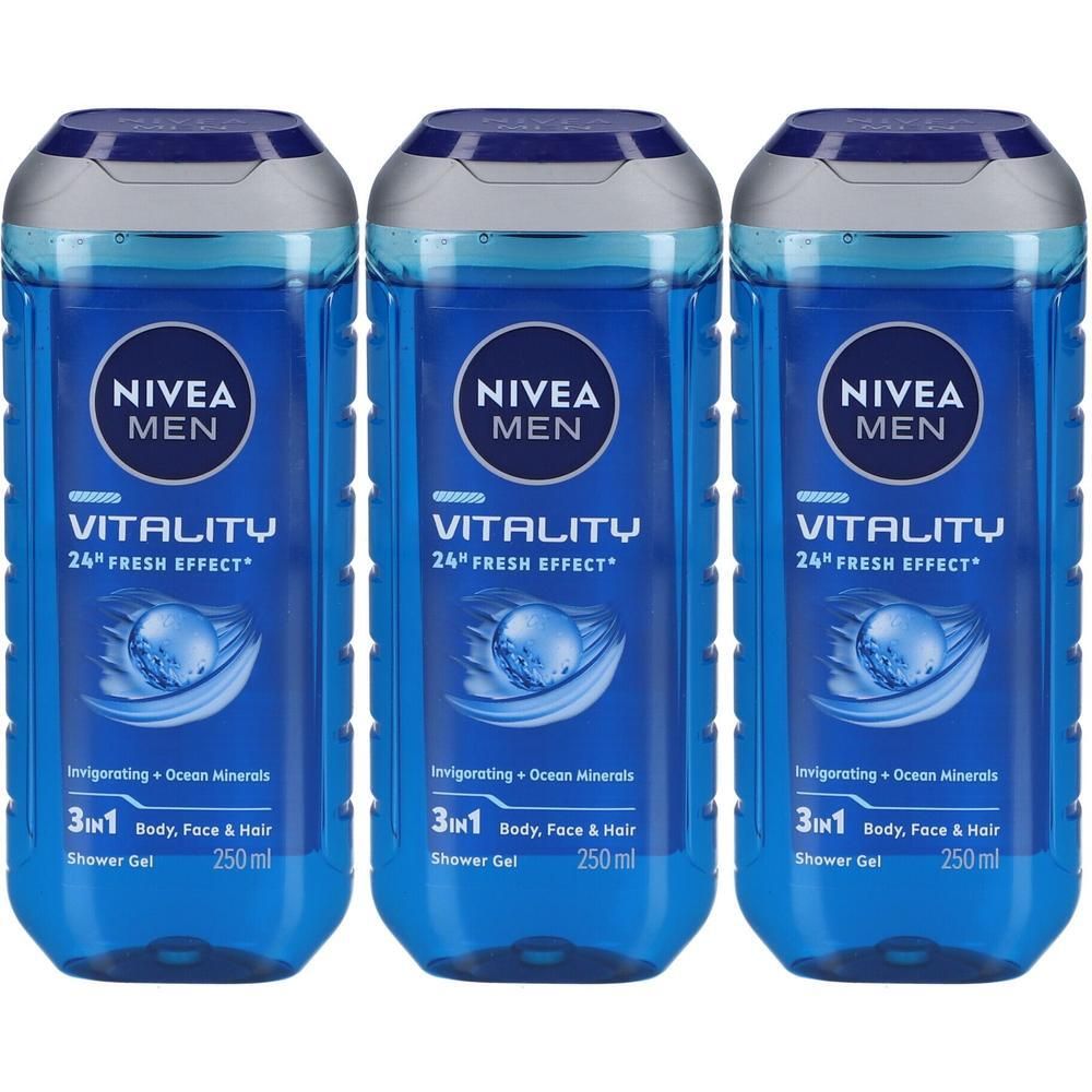 Trois gels douche bleus côte à côte. Chaque flacon porte l'inscription "NIVEA MEN Vitality 24H Fresh Effect". 3en1 pour corps, visage et cheveux.