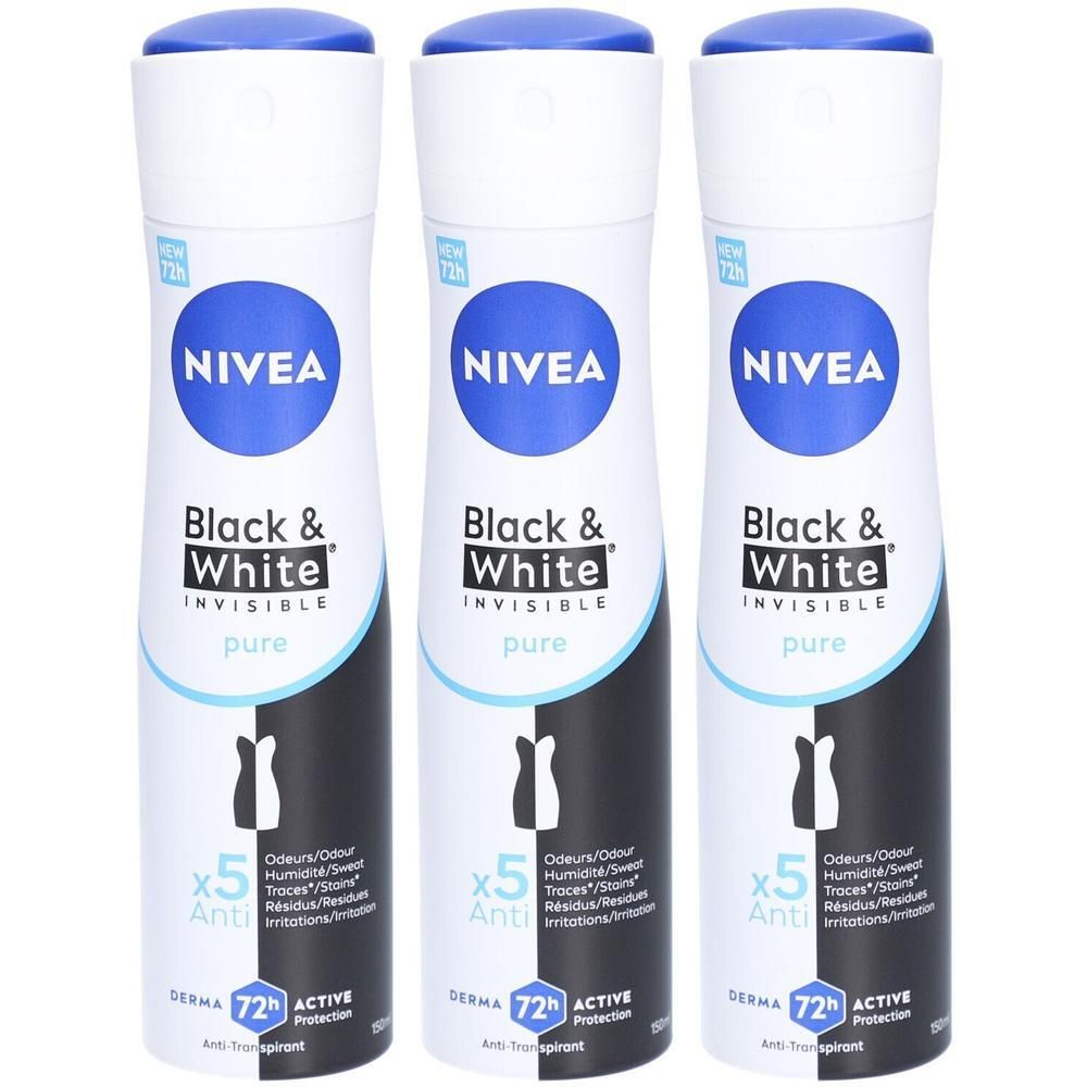 Trois déodorants NIVEA Black & White Invisible Pure. Bouteilles blanches avec bouchon bleu et logo. Texte noir, nom du produit.