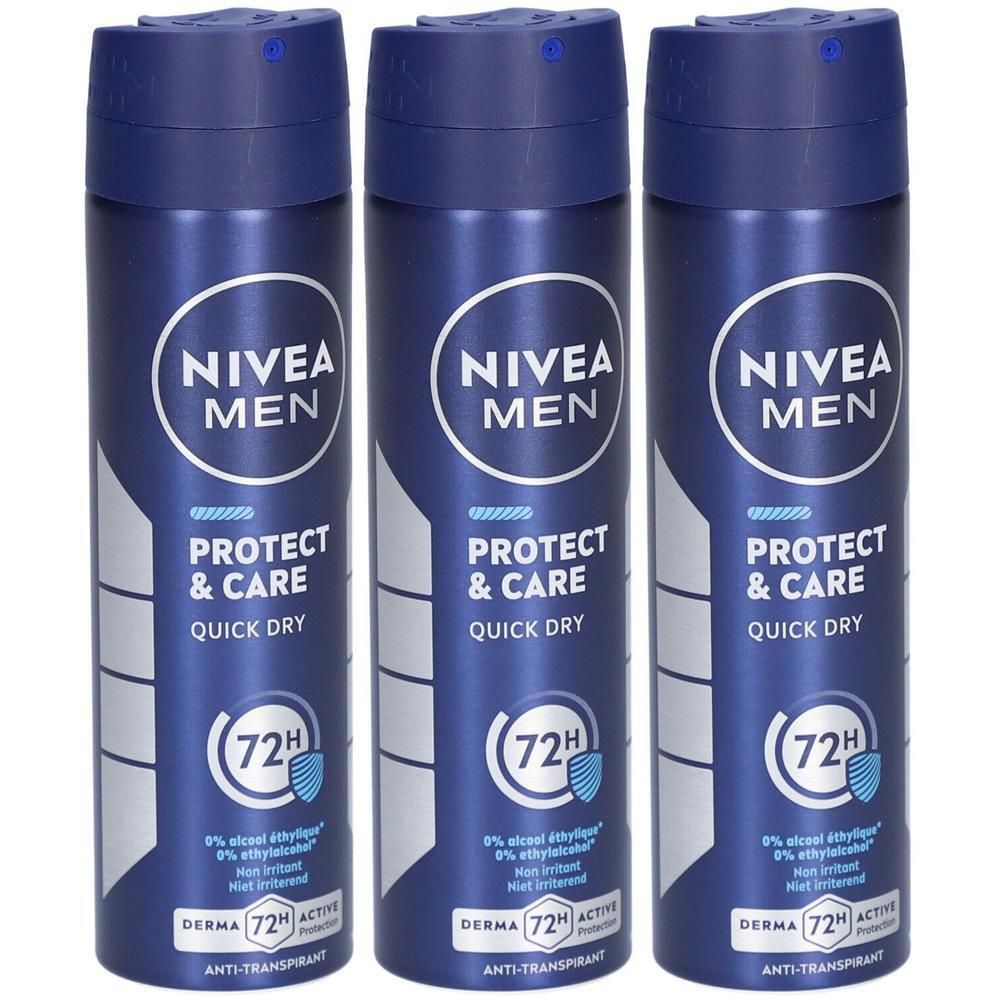 Drie blauwe deodorantsprays met witte tekst. Opschrift: NIVEA MEN, PROTECT & CARE, QUICK DRY. Met 72H-logo en Derma 72h Active Protection.