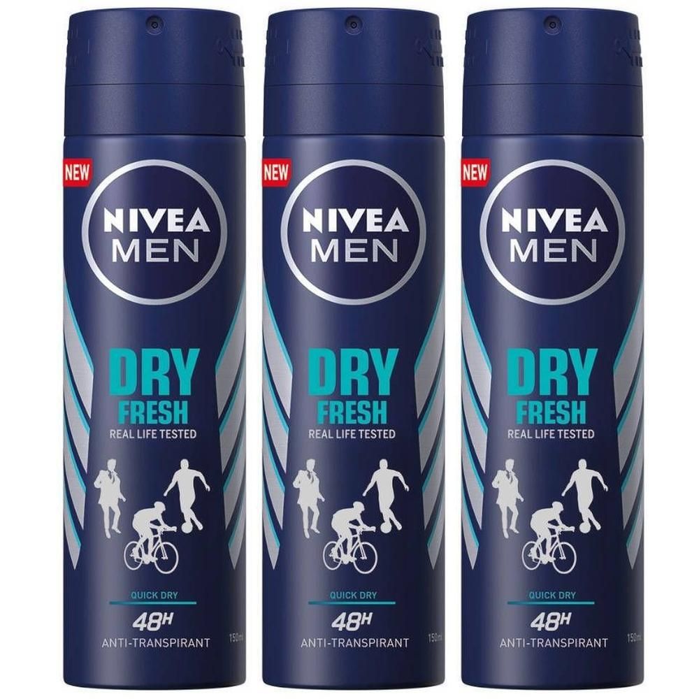 Trois vaporisateurs NIVEA Men Dry Fresh 48H Anti-Transpirant bleus. Inscription : DRY FRESH, 48H Anti-Transpirant, Quick Dry.