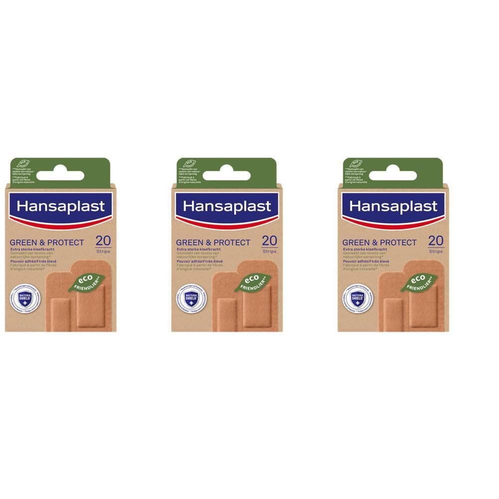Drie dozen pleisters. Op elke doos staat "Hansaplast Green & Protect 20". De verpakking is bruin en groen.