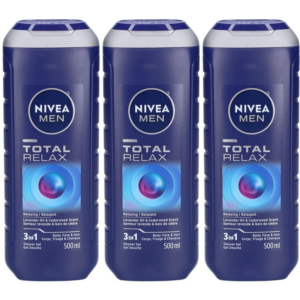 Trois flacons bleus de Nivea Men Total Relax Gel Douche. Inscription : Total Relax, 3en1, 500 ml. Bouchon blanc, liquide bleu.