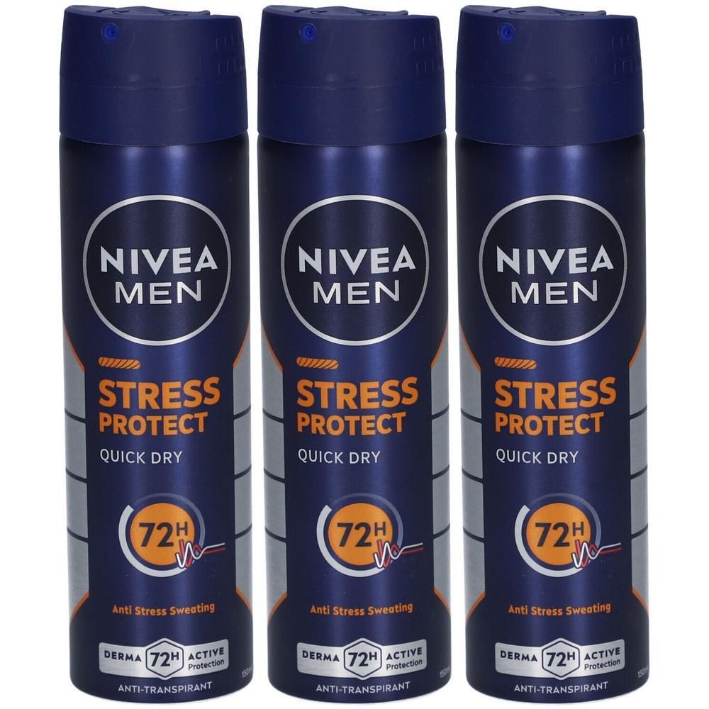 Drie blauwe deodorantsprays met wit logo en tekst. Opschrift: NIVEA MEN, STRESS PROTECT, QUICK DRY, 72H. Anti-transpirant.