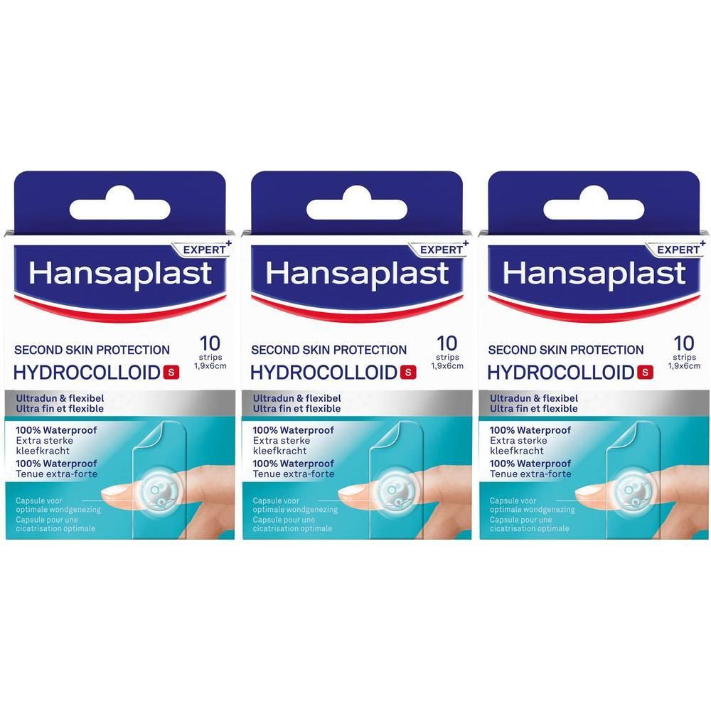 Drie verpakkingen Hansaplast Hydrocolloïd pleisters. Elke verpakking bevat 10 pleisters.
