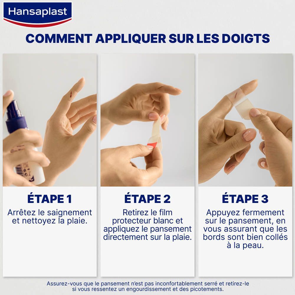 Instructions d'utilisation des pansements Hansaplast Hydrocolloïde. 3 étapes : nettoyer, appliquer, appuyer.