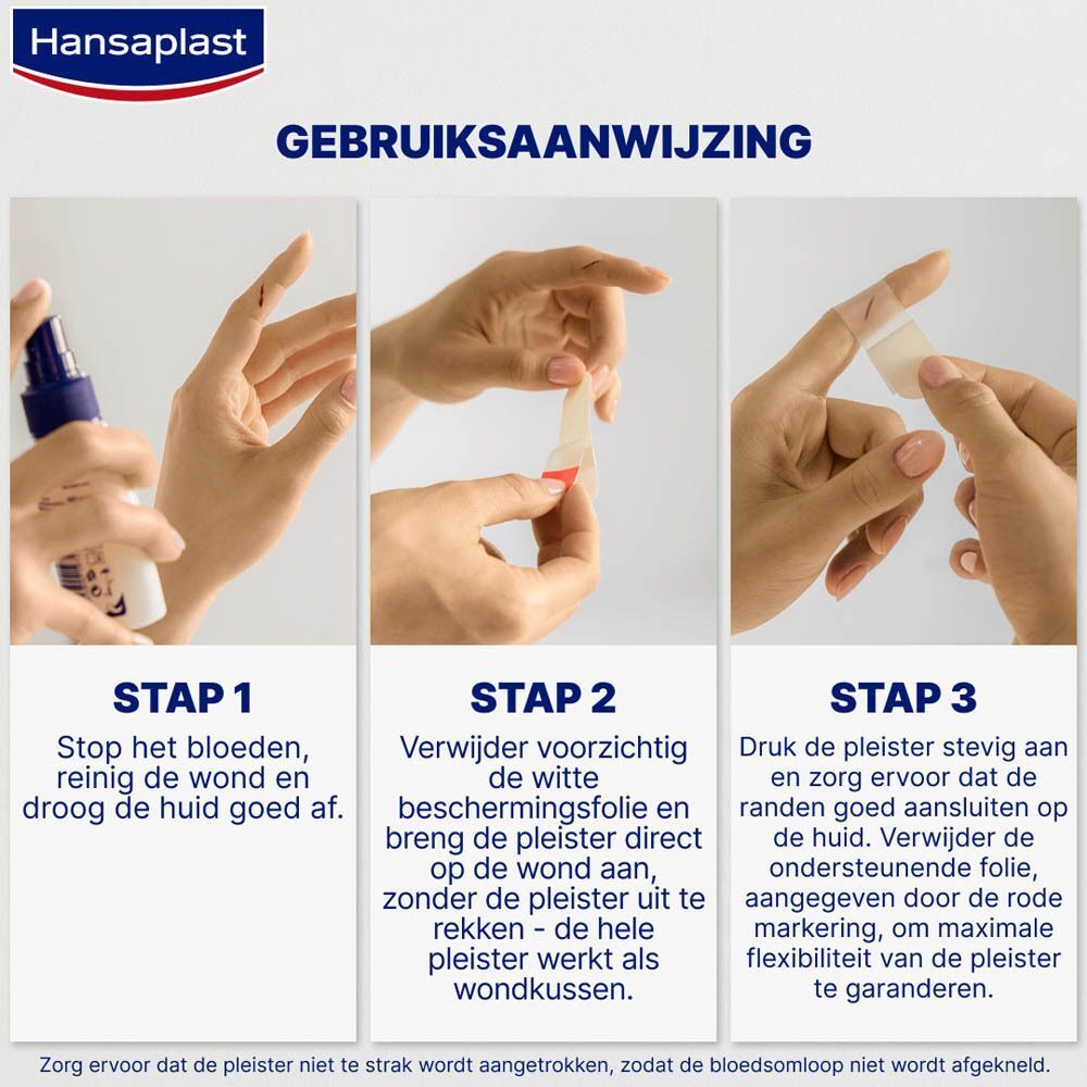 Instructies voor het aanbrengen van Hansaplast Hydrocolloïd pleisters. 3 stappen: reinigen, aanbrengen, aandrukken.
