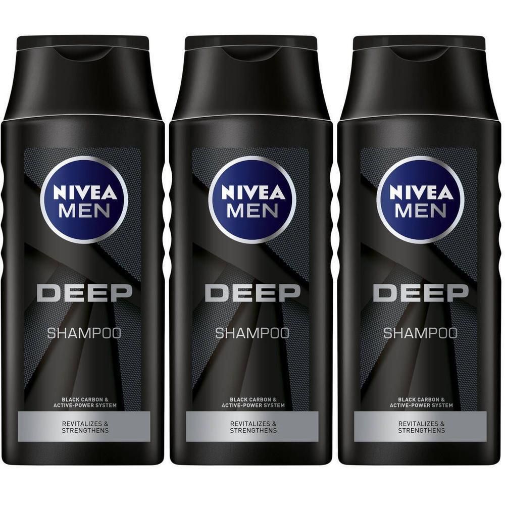 Drie zwarte shampoo flessen. Op elke fles staat "NIVEA MEN DEEP SHAMPOO". Tekst: "Revitaliseert & versterkt".