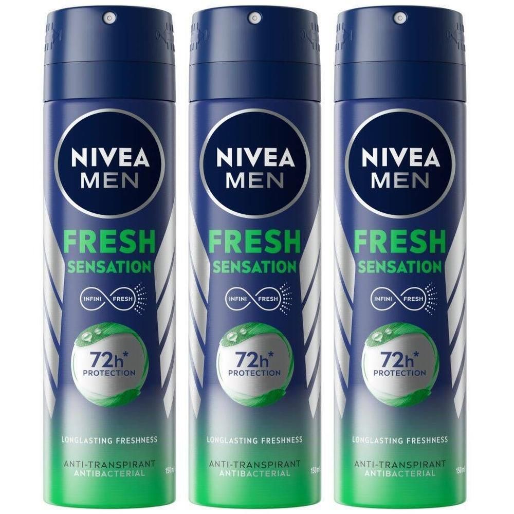 Trois sprays bleus avec logo Nivea Men blanc et texte vert 'Fresh Sensation'. Texte: 72h Protection, Anti-Transpirant.