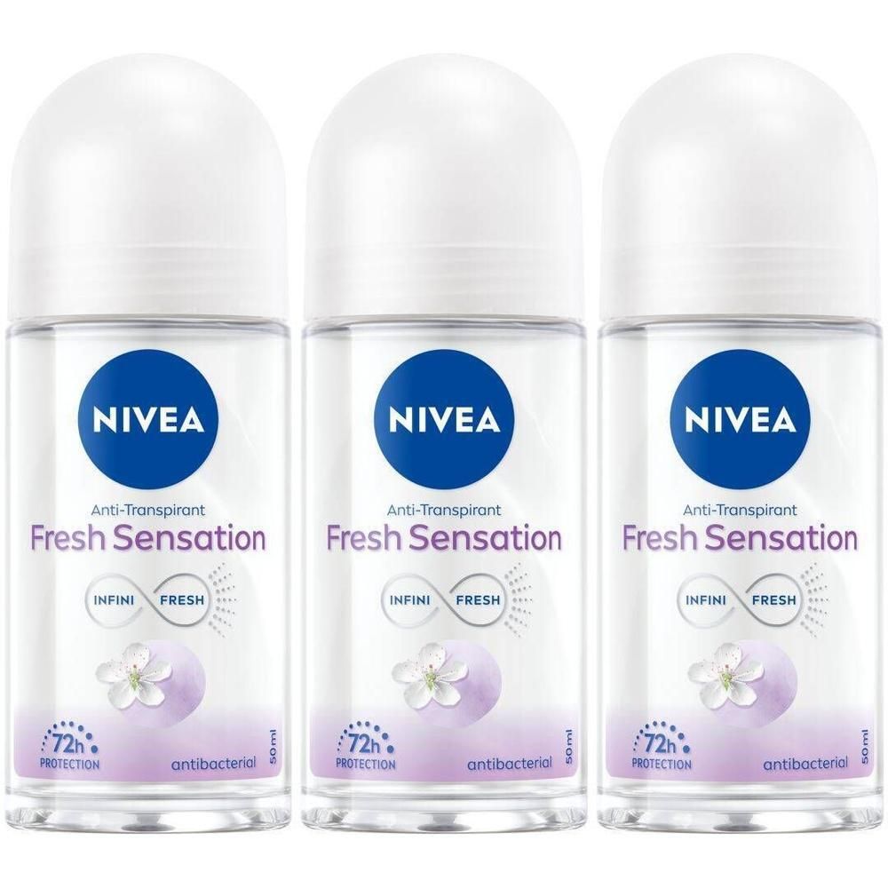 Drie roll-on deodorants. Witte doppen, transparante flacons. Blauwe etiketten met Nivea logo en productnaam. Tekst: Fresh Sensation, 72h Protection.