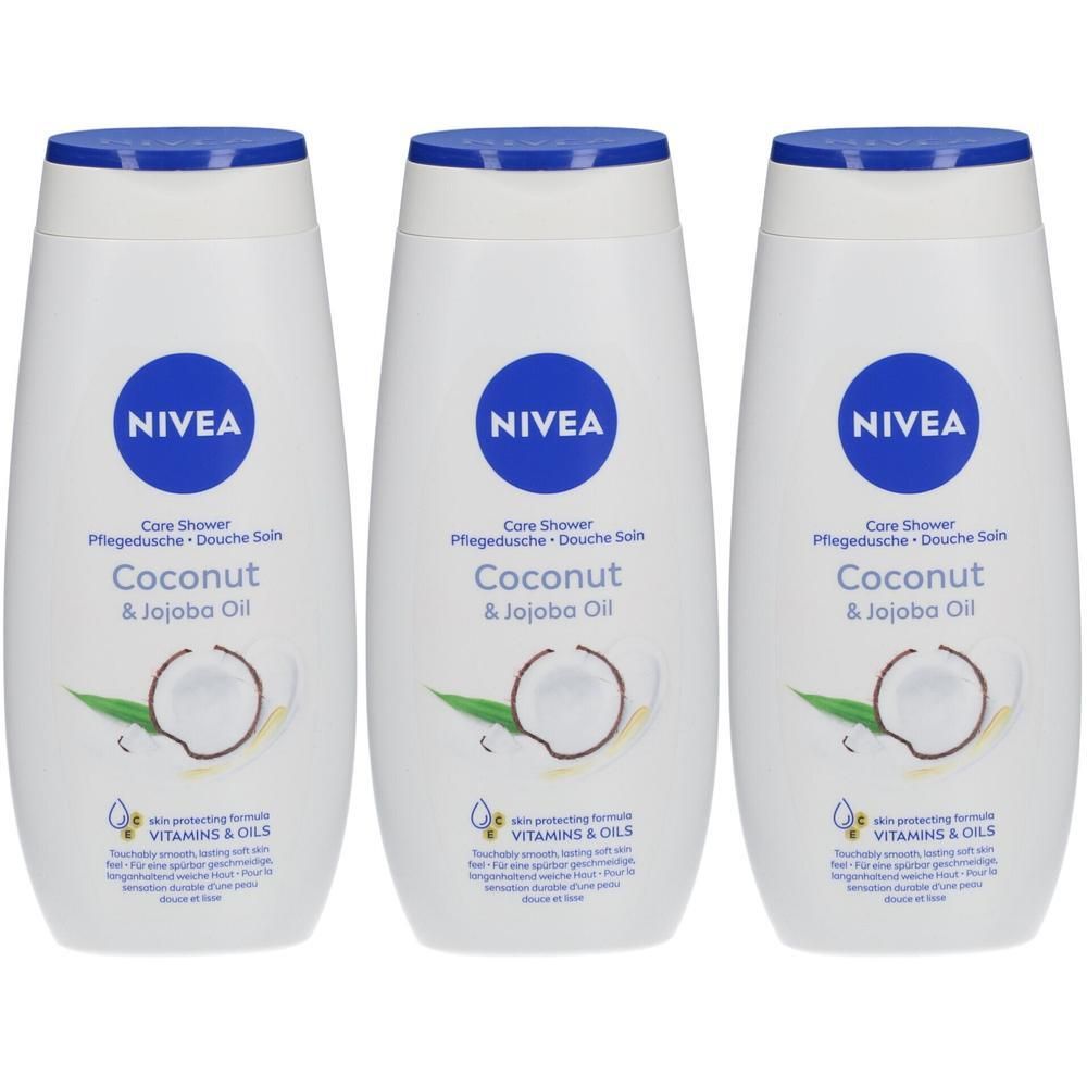 Drie witte flessen met blauwe dop. Op elke fles staat NIVEA, Coconut & Jojoba Oil. Illustratie van een kokosnoot.