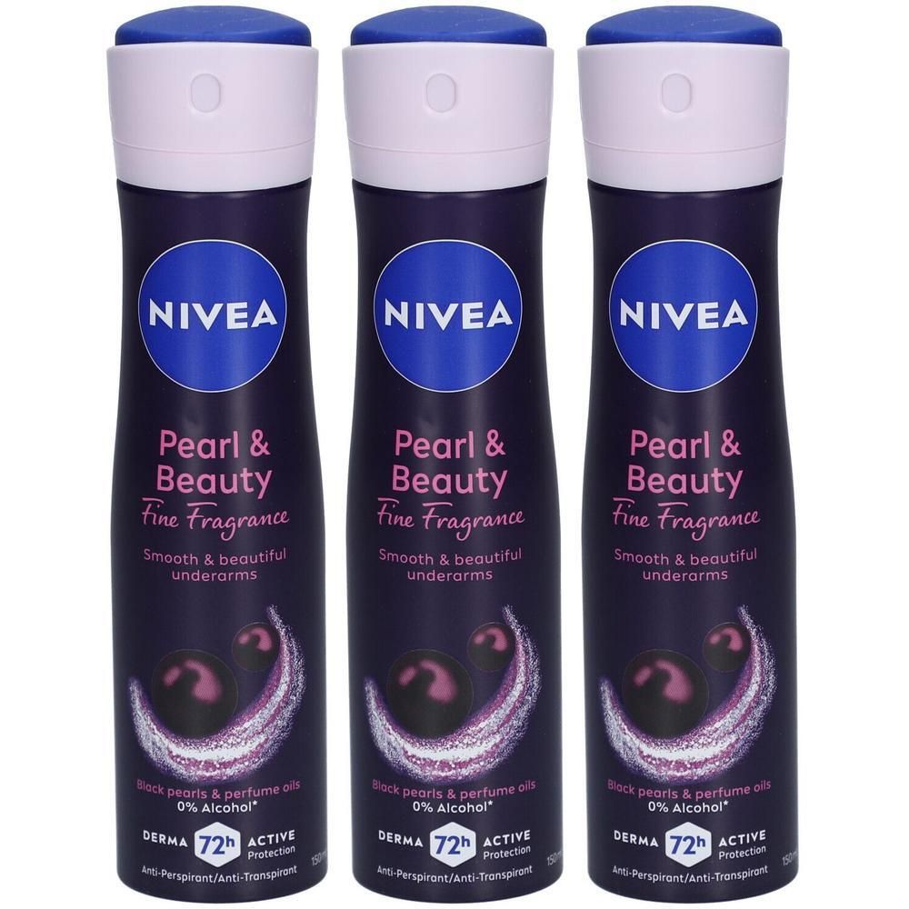 Trois déodorants en spray. Bouteilles bleu foncé avec bouchon blanc. Inscription : NIVEA, Pearl & Beauty, Fine Fragrance. 72h Active Protection.