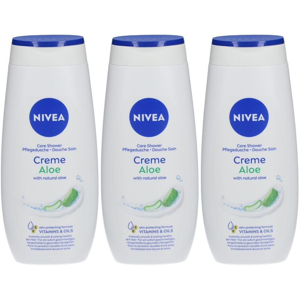 Trois flacons blancs de gel douche NIVEA Crème Aloe. Bouchons et logos bleus. Texte : Crème Aloe, avec aloe naturel.