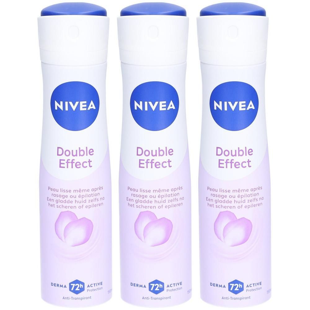 Drie NIVEA Double Effect deodorants. Witte flacons, blauwe doppen. Opschriften: Double Effect, Derma 72h Active. Teksten in het Frans en Nederlands.