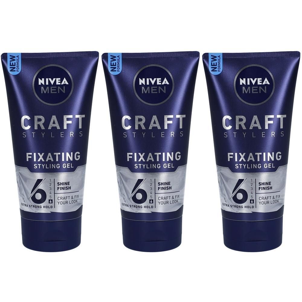 Trois tubes de gel coiffant fixant Nivea Men Craft Stylers. Emballage bleu foncé, texte blanc. Nouvelle formule.