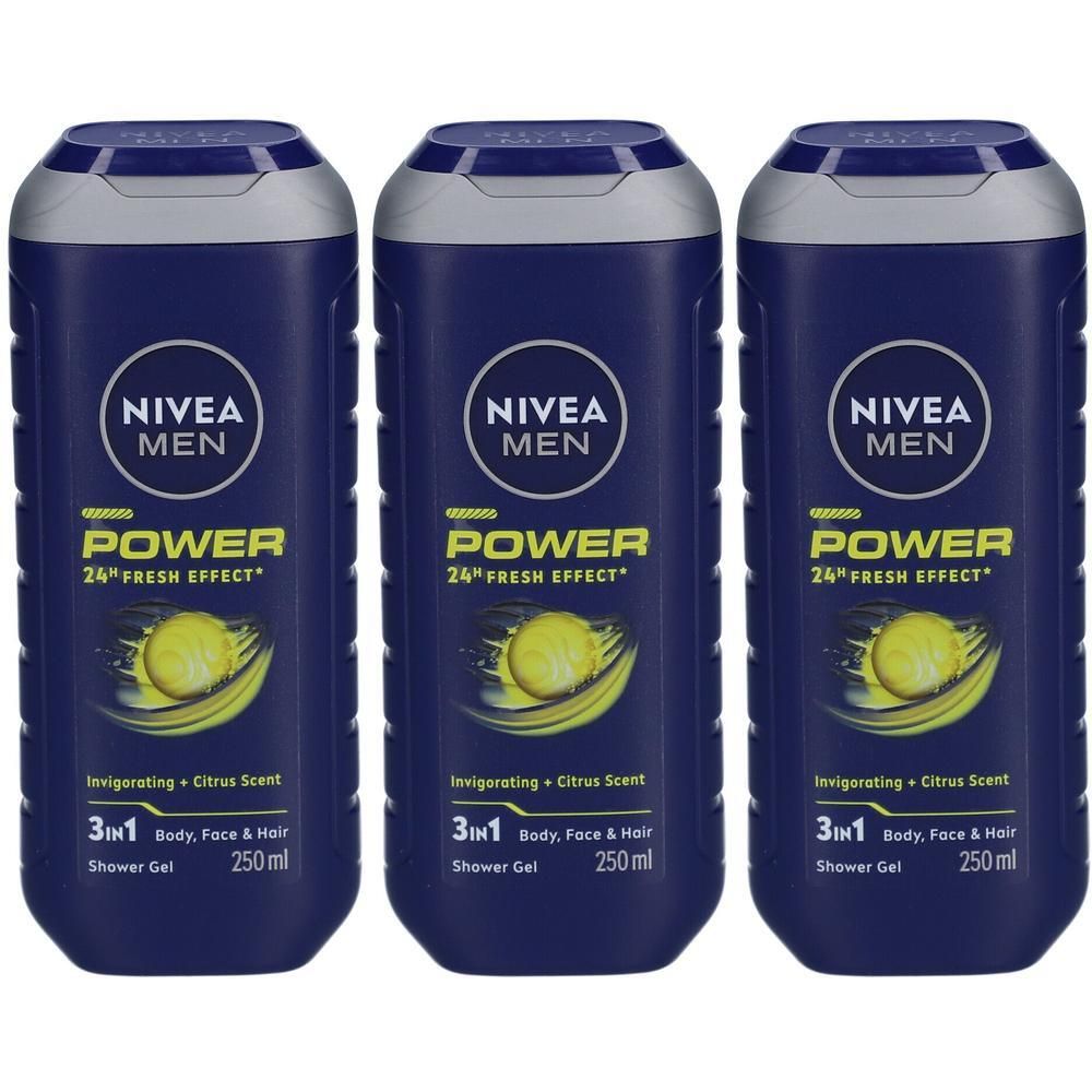Drie blauwe douchegelflessen. Opschrift: Nivea Men Power, 24h Fresh Effect, 3in1 Body, Face & Hair. Inhoud: 250 ml.