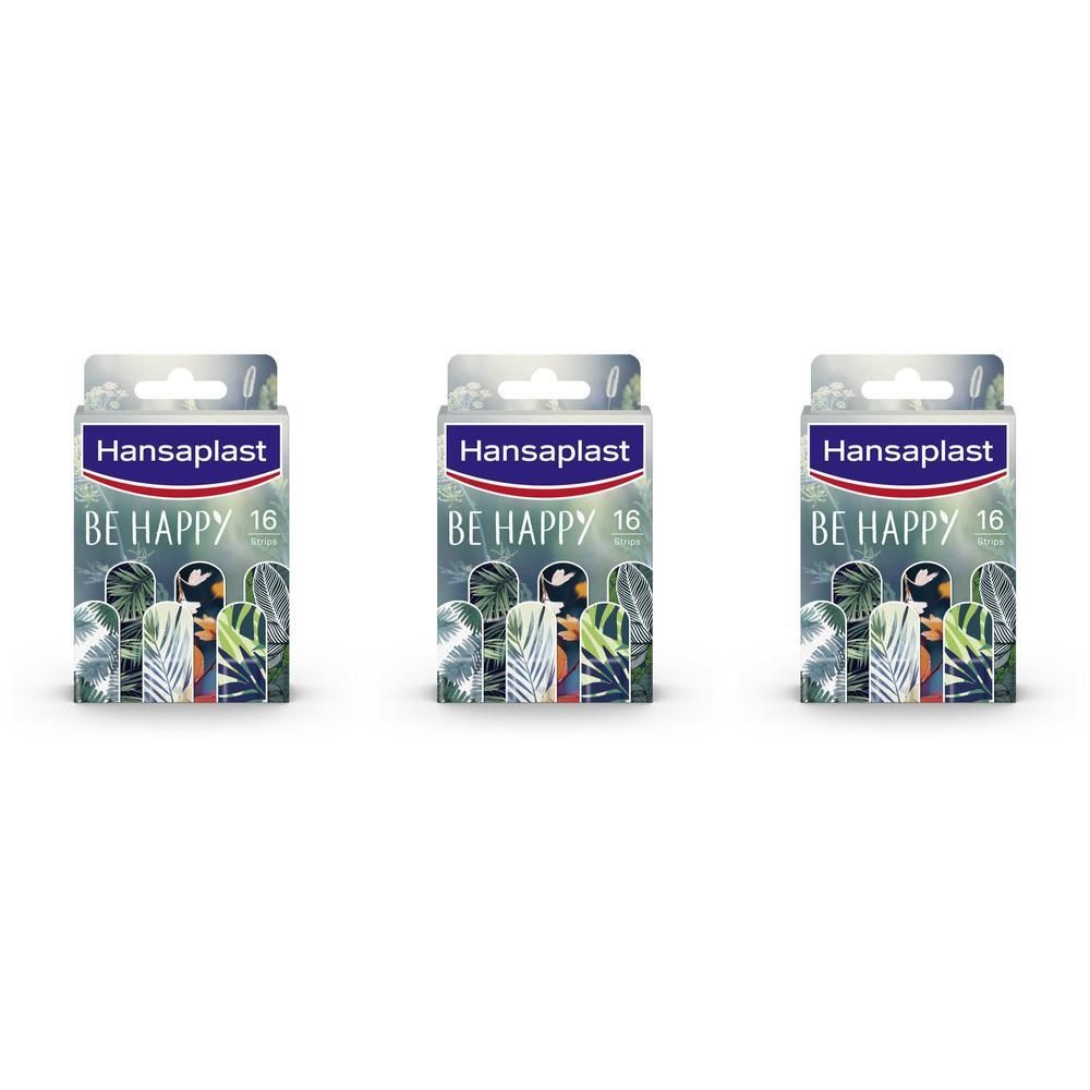 Drie verpakkingen Hansaplast Be Happy pleisters. Elke verpakking bevat 16 pleisters. Verpakking met ophanggat.