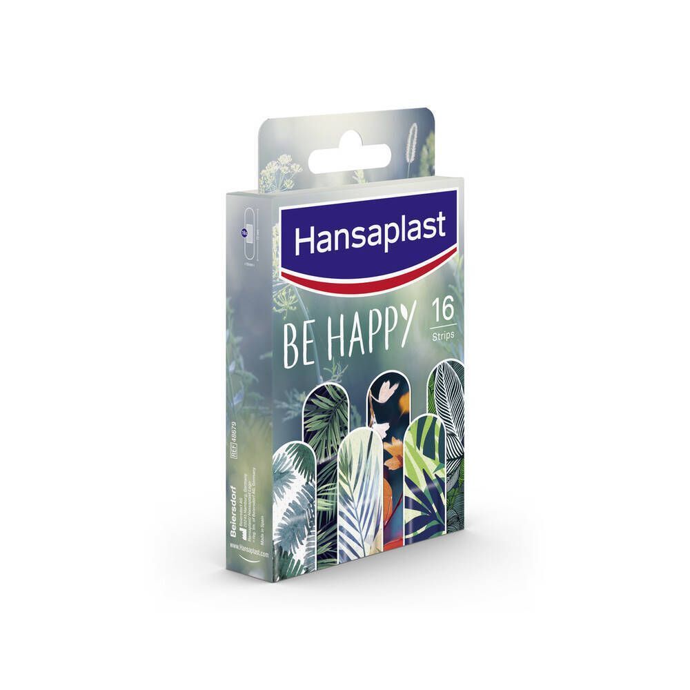 Hansaplast Be Happy pleisterverpakking met 16 pleisters. Verpakking met ophanggat. Verschillende pleisterontwerpen zichtbaar.