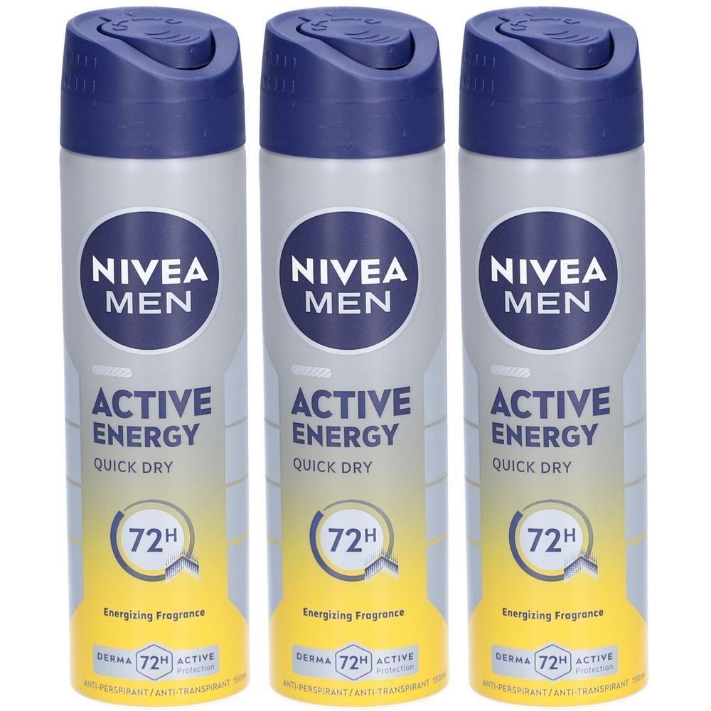 Drie deodorant sprays. Opschrift: Nivea Men, Active Energy, Quick Dry, 72H. Blauwe dop, zilveren bus met gele accenten.