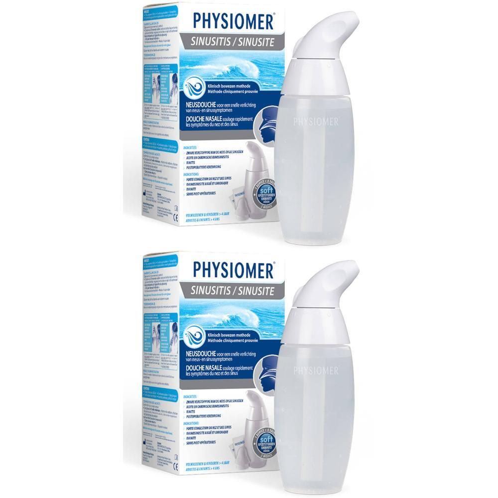 Deux flacons avec embout blanc et boîtes PHYSIOMER SINUSITE/SINUSITE. Inscription: Douche Nasale. Emballage et produit.