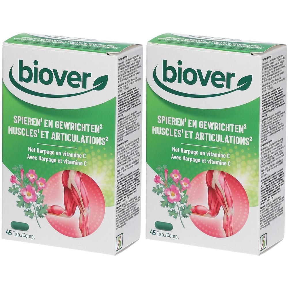Twee dozen Biover. Opschrift: Spieren & Gewrichten. Met Duivelsklauw en vitamine C. 45 tabletten.