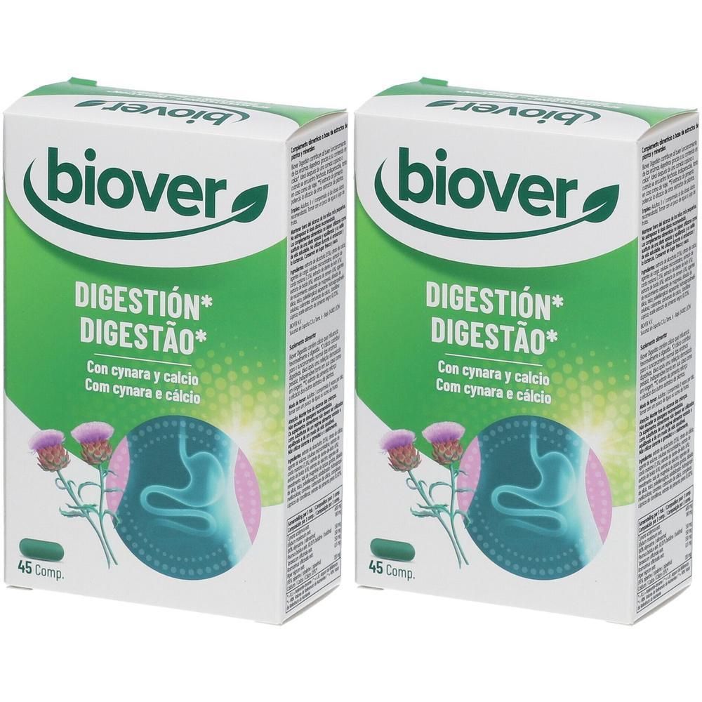 Twee rechthoekige dozen met "biover" logo. Opschrift "DIGESTIÓN* DIGESTÃO*". Bevat 45 tabletten.