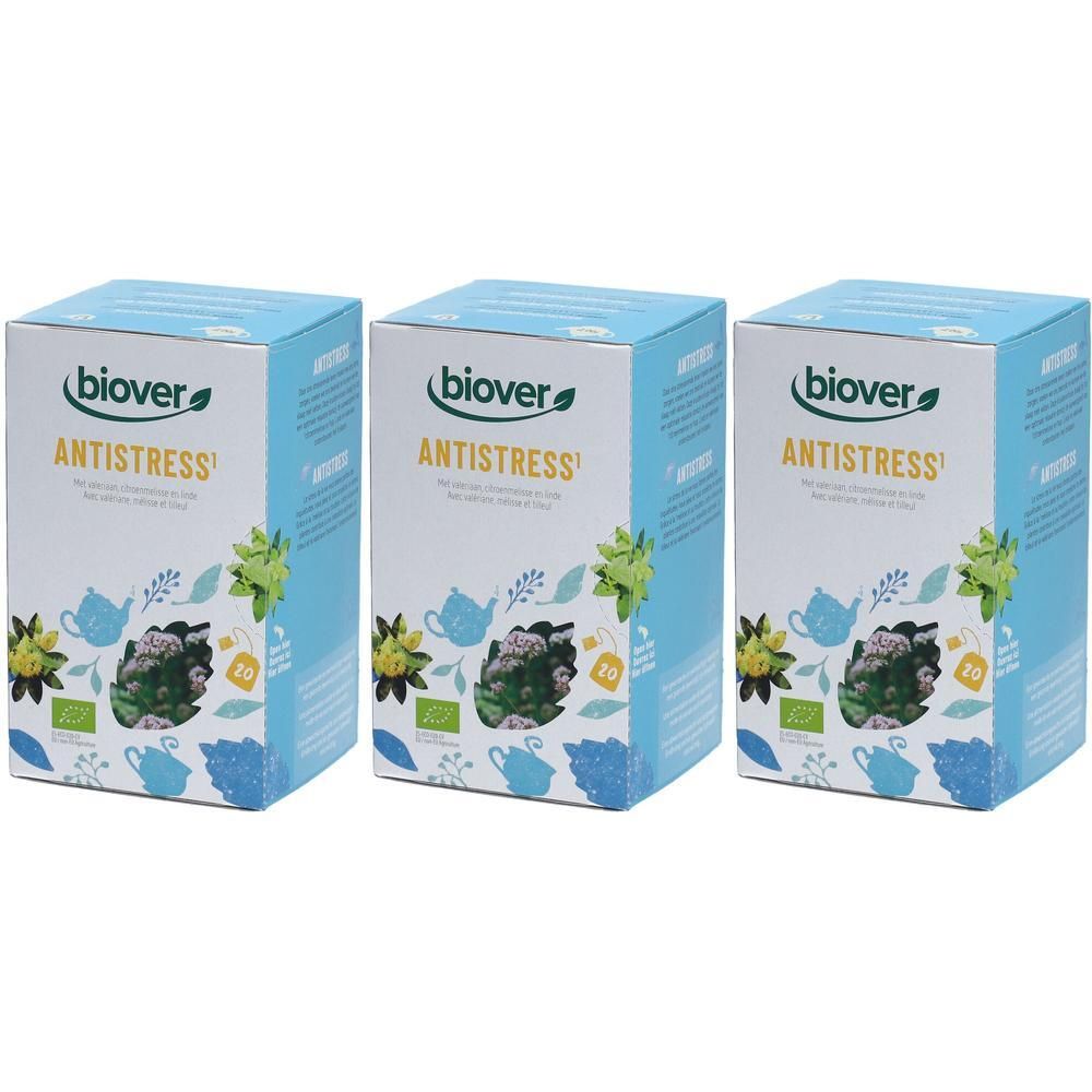 Drie dozen "Biover Antistress". Blauwe en witte verpakking met bloemenillustraties en biologisch label.