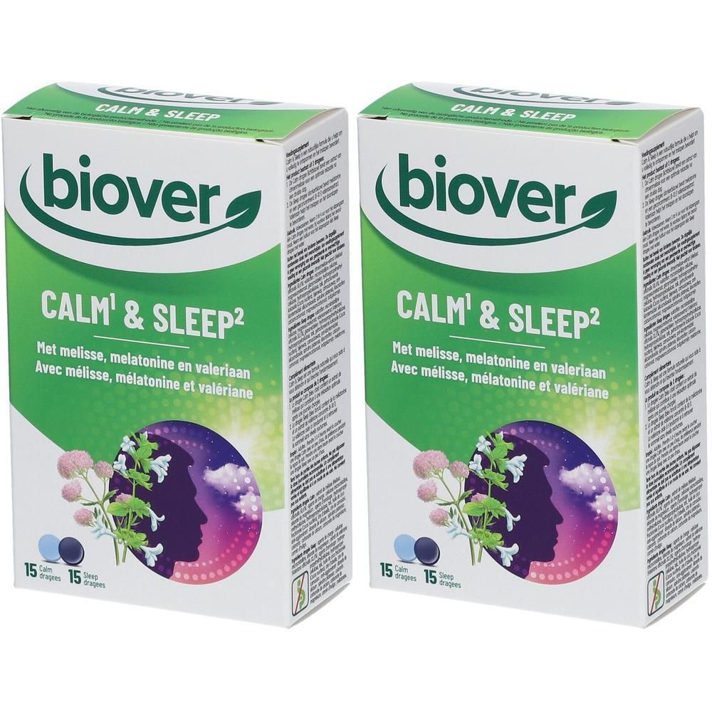 Twee dozen Biover Calm & Sleep. Opschrift: Calm & Sleep. Met melisse, melatonine en valeriaan. 15 tabletten.