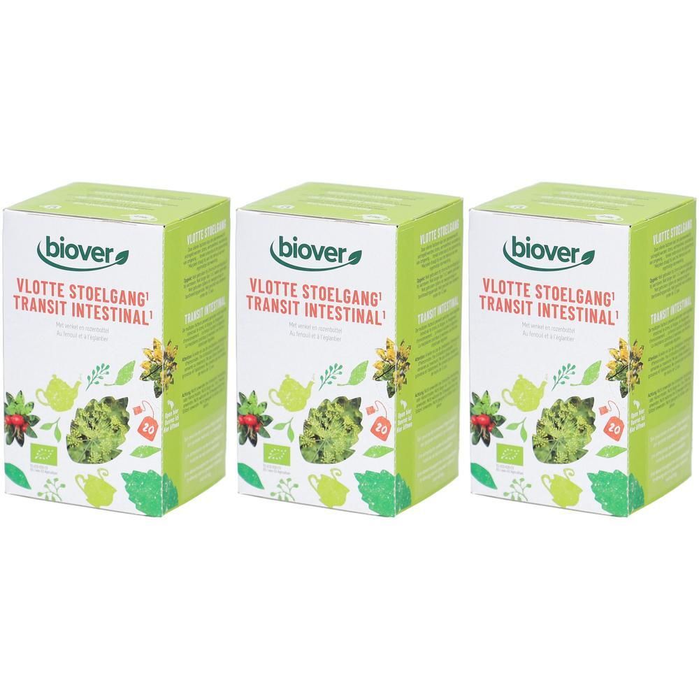 Trois boîtes vertes avec le logo Biover. Inscription : VLOTTE STOELGANG TRANSIT INTESTINAL. Avec des illustrations d'herbes et de sachets de thé.