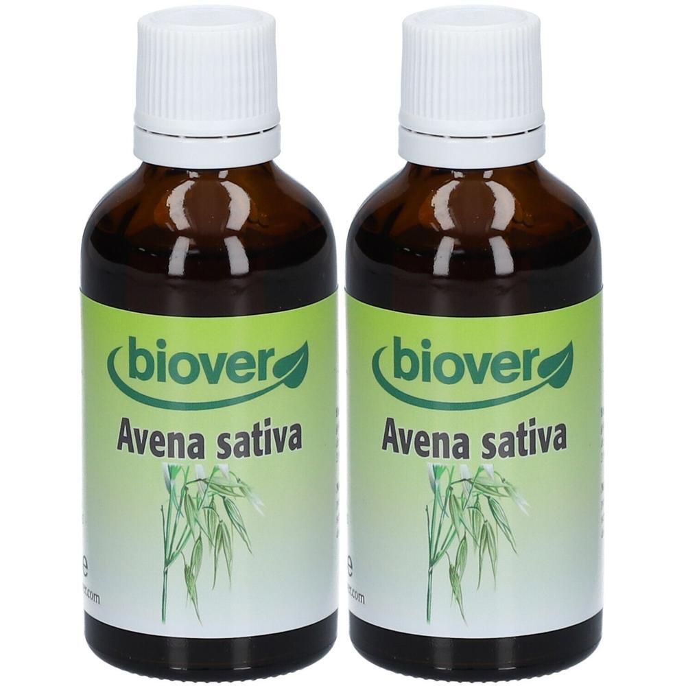 Deux flacons en verre brun avec bouchons blancs. Étiquette avec "biover", "Avena sativa" et illustration de plante.