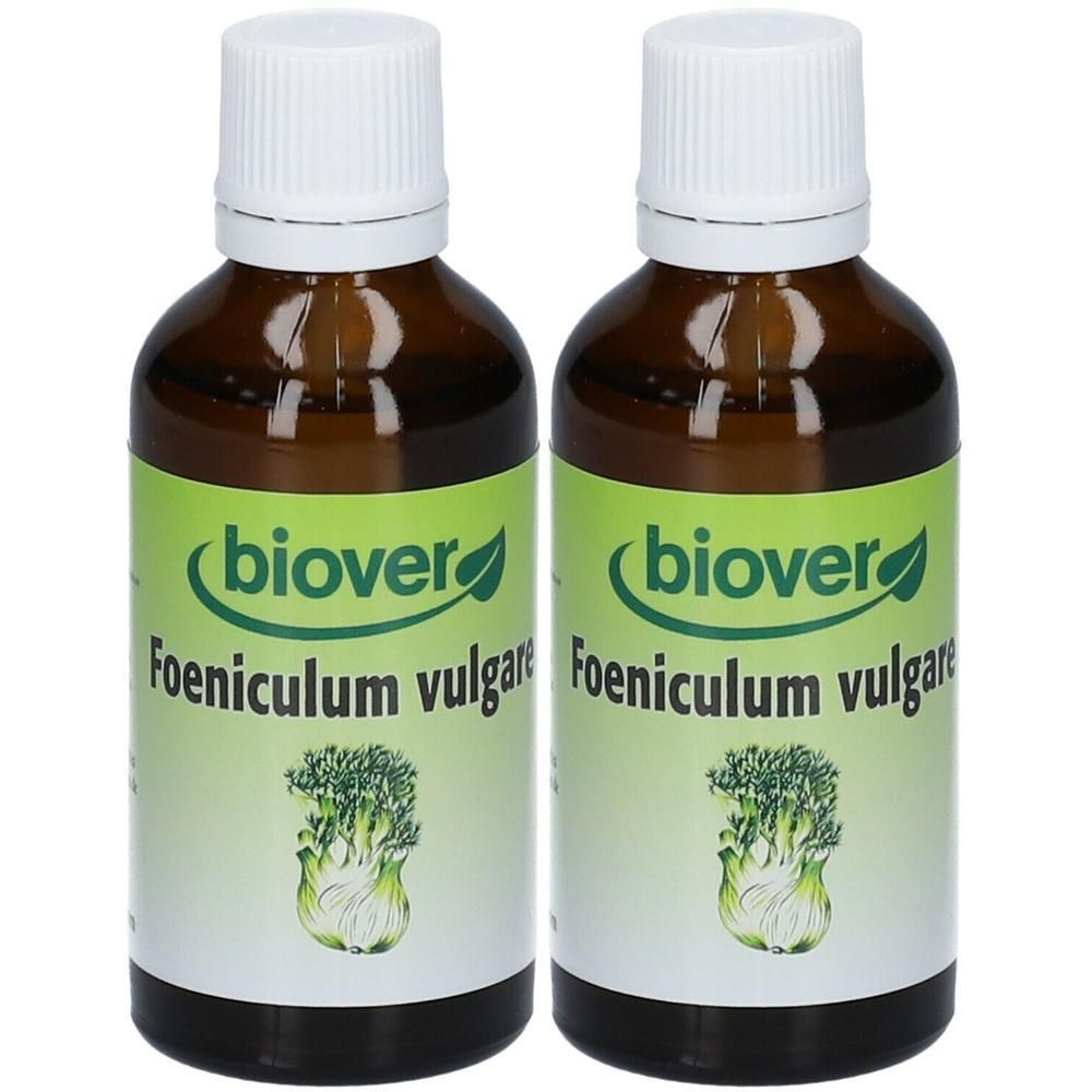 Deux flacons en verre brun avec bouchons blancs. Étiquettes : "biover Foeniculum vulgare".