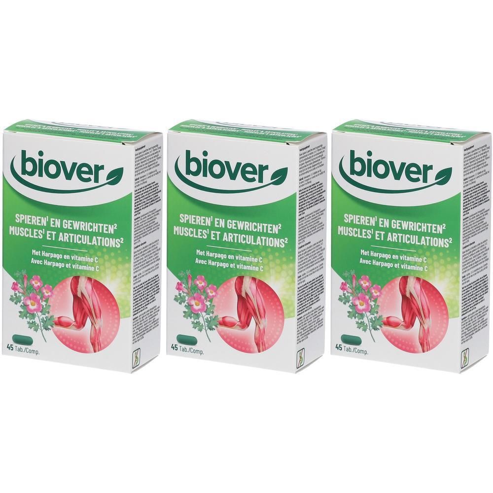 Drie groene dozen met het "biover" logo. Tekst: "SPIEREN EN GEWRICHTEN MUSCLES ET ARTICULATIONS". Illustratie van een spier.